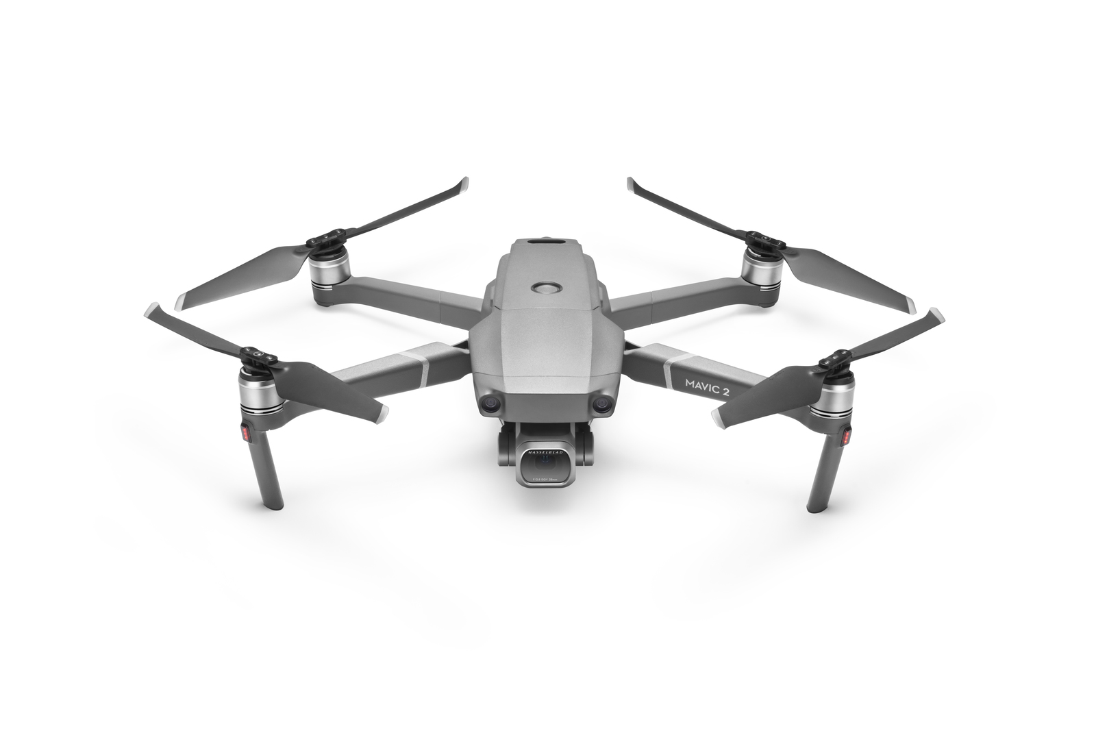 Mavic 2 Pro drone top and front perspective view on an unfolded position on a white backdraft