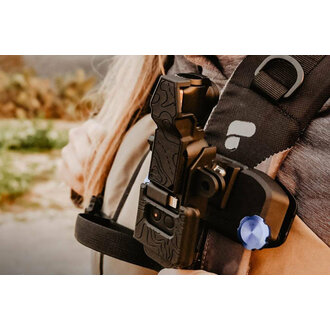 Osmo pocket with polarpro gimbal lock mounted on a backpack strap