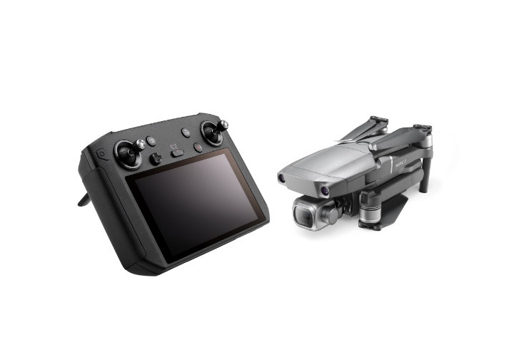 DJI Smart Controller perspective view and DJI Mavic 2 Pro drone in folded position on a white backdraft